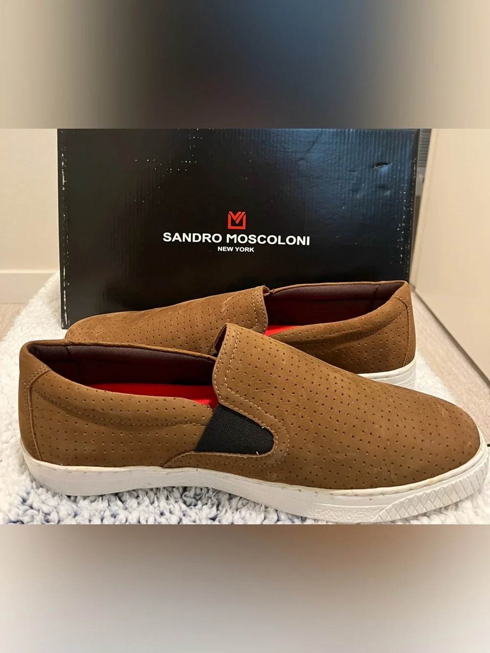 Sandro Moscoloni Brown Suede Slip-On Loafers with Red Insole